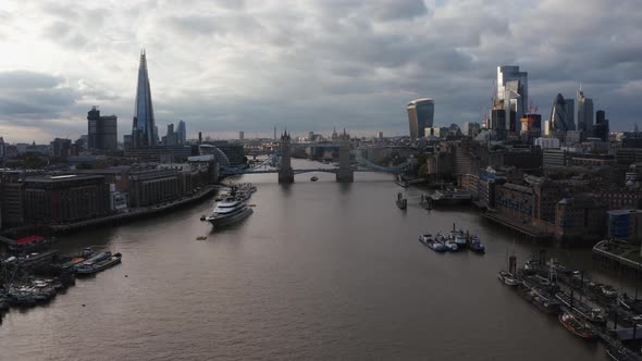 Aerial View to the Beautiful Tower Bridge and the Skyline of London