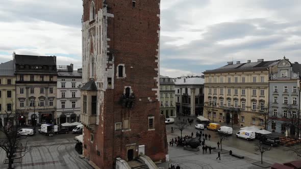 Aerial footage of historic old The Cloth Hall Renaissance style market 