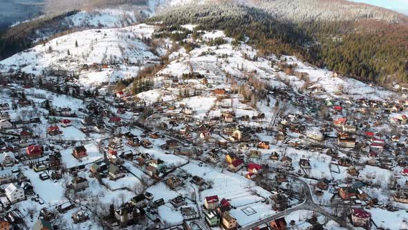 Aerial View of a Village in the Carpathian Mountains in Winter. Yaremche, Ukraine