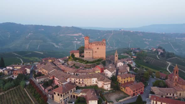 Serralunga d'Alba and Medieval Castle in Langhe Aerial View