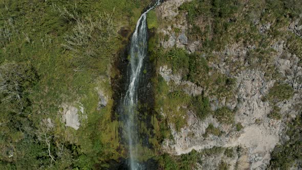 Aerial View Of Waterfall Manto de la Novia In Banos de Agua Santa, Ecuador - drone shot