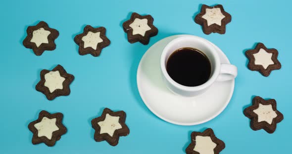Stop Motion Animation Coffee Mug With Pastries Top View, Aromatic Black Coffee In A Cup In Motion alt