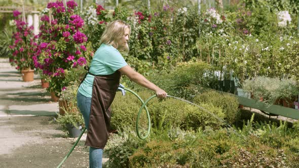 Greenhouse Professional Gardener Watering Plants