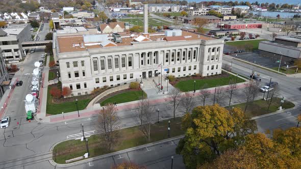 Aerial view Kenosha County, Wisconsin, Court House, on clear blue day. Autumn foliage glowing.