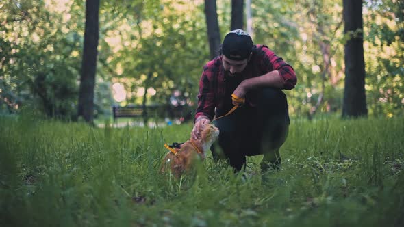 A man walks in the park with his cat on a harness. 