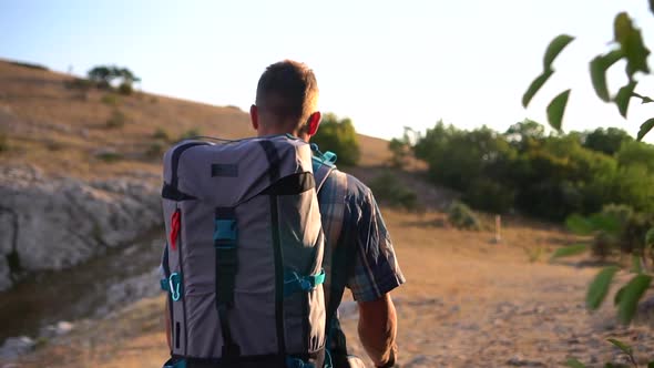 Close Up Mountain Hike Travel Follow Footage of Man Back and Backpack Walking on Tourist Trail Spbd