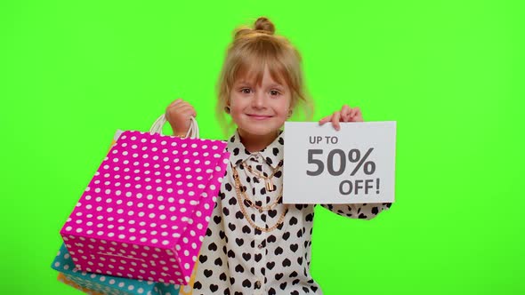 Kid Child Girl Showing Shopping Bags and Up To 50 Percent Off Inscriptions Banner Text Black Friday