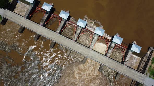 Aerial view of water released from the drainage channel of the concrete