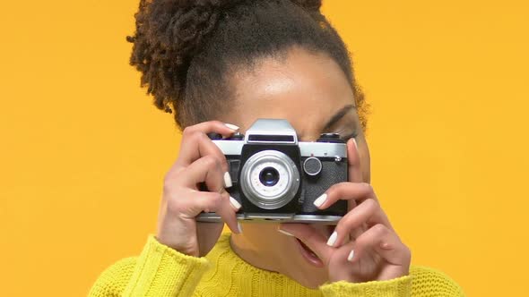 Smiling Black Female Taking Photo by Old-Style Camera, Creative Hobby, Leisure