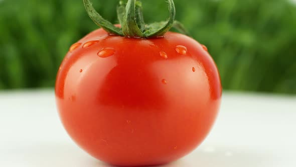 Rotation tomato on a green background. 4K video close-up time-lapse footage of a tomato 360.