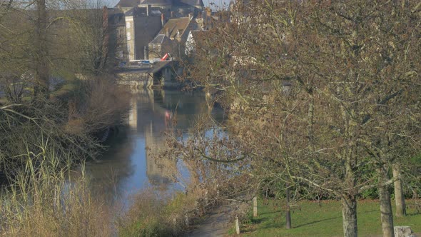 French Gothic architecture building on river Sarthe  4K 2160p UHD footage - Orne Lower Normandy Fran