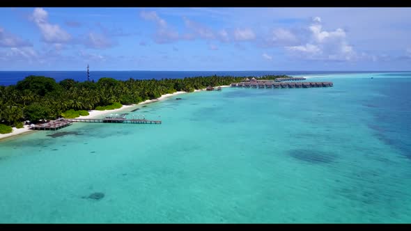 Aerial drone panorama of exotic shore beach holiday by transparent water with white sandy background