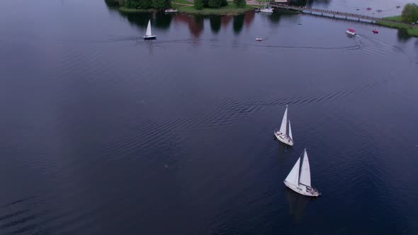 smooth aerial footage of the ancient Trakai castle on the island
