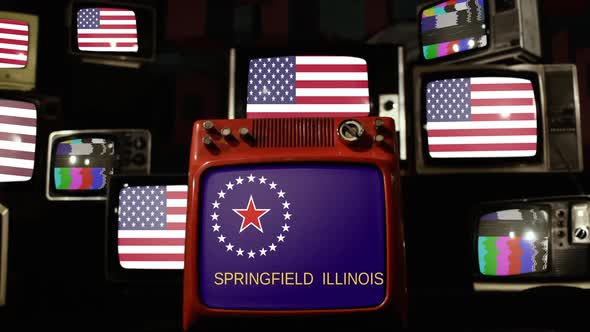 Flag of Springfield, Illinois, and US Flags on Retro TVs.