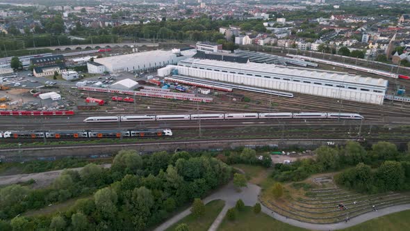 Cologne, Germany - Luftaufnahme Drohne mit einem Regionalzug RRX und einem ICE 4 auf dem Weg in den