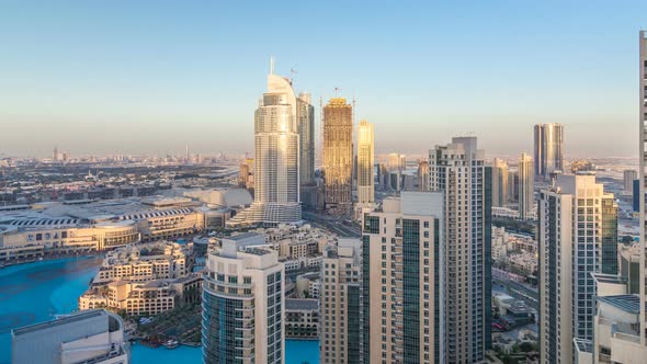 Dubai Downtown in the Evening Timelapse in Bright Yellow Sunset Light