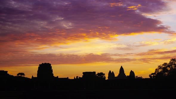 Sunrise time lapse at Angkor Wat main facade silhouette, World famous temple in Cambodia