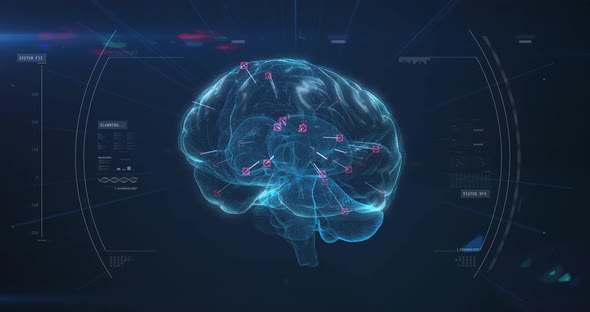 Spinning brain against data processing on blue background alt