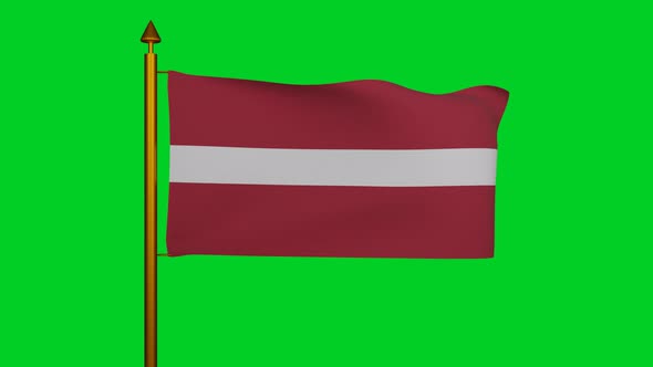 National flag of Latvia waving on flagpole on chroma key, Latvijas karogs designed by Ansis Cirulis