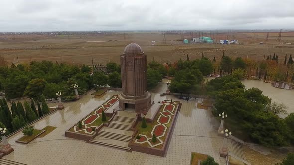 9/10 Ganja city drone view of Nizami Ganjavi mausoleum complex