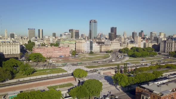 Aerial dolly out revealing Buenos Aires touristic landmarks in downtown area