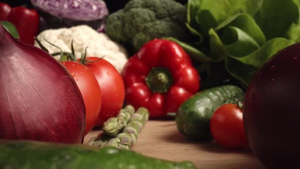 Zoom out macro video of  seasonal vegetables. Shot with RED helium camera in 8K