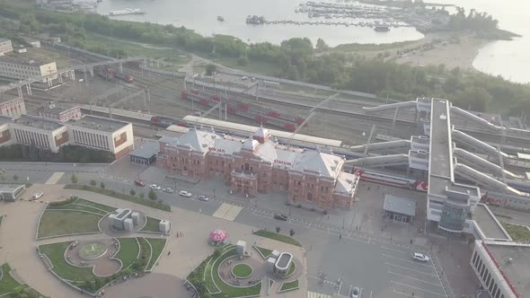 Railway station in Kazan, Russia with trains and station square