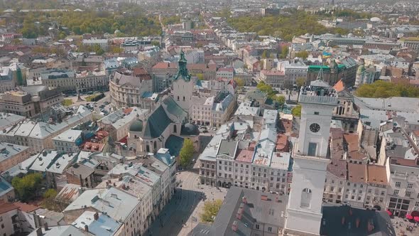 Aerial City Lviv, Ukraine. European City. Popular Areas of the City. Town Hall