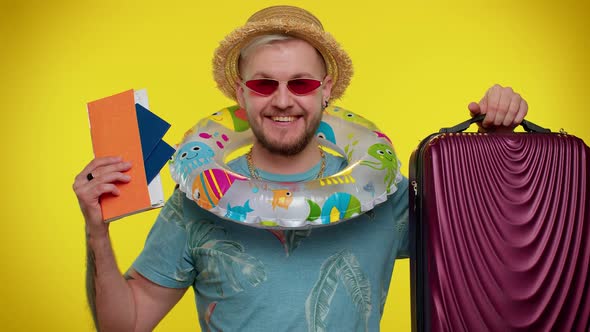 Summer Vacation Traveler Tourist Bearded Adult Man Celebrating Holding Passport Tickets Luggage