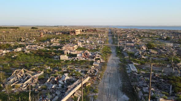 Abandoned historic flooded town Epecuen, Buenos Aires. Panning Aerial Shot