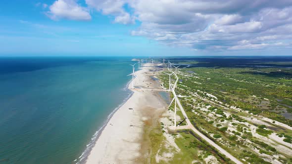 Northeast Brazil. Aeolian turbine at Beach at Ceara state. Wind farm field.
