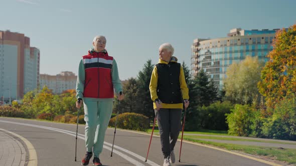 Two Aged Women Doing Nordic Walking in Fall City Park on Sunny Day Front View