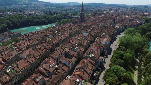 Aerial view with the drone of the ancient city Bern in Switzerland