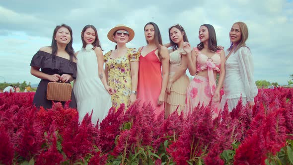 group of asian female friend woman walking in red blossom flower sunset moment