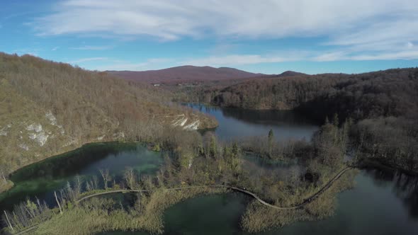 Aerial of paths between the lakes, Plitvice Park