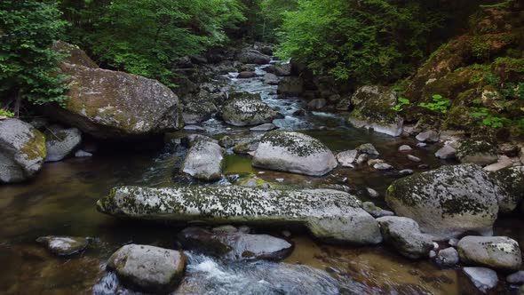 Aerial View of a Stream in the Forest in Rhodope Mountains Near the Town of Devin