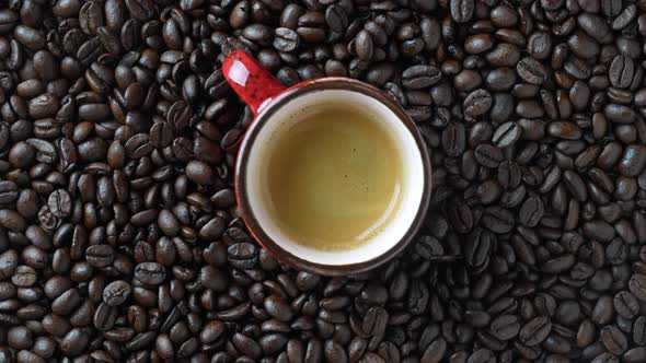 Red cup of hot coffee and rotating background of fresh roasted coffee beans