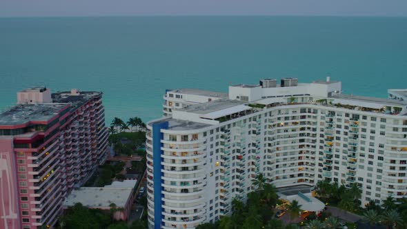 Aerial view of buildings by the ocean in Miami Beach