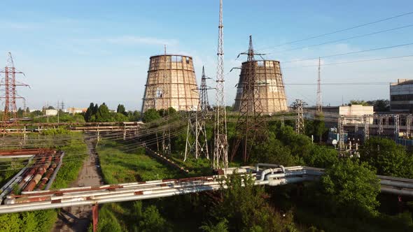 Aerial Drone View Flight Near Thermal Power Plant