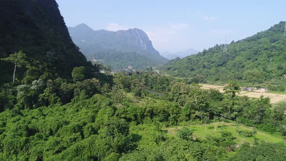 Nature landscape near town of Vang Vieng in Laos seen from the sky