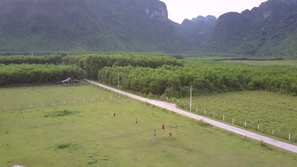 Aerial Motion Above Children Running About Big Green Field