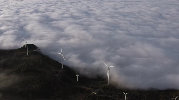 Aerial view of a wind turbine park on Madeira Island, Portugal.
