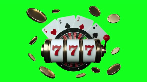 Gambling Concept, Slot Machine, Roulette Wheel And Four Aces WIth Golden Coins - Green Screen 3D