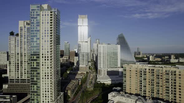 Aerial view of tall buildings and the west 3rd street in sunny Austin, Texas USA