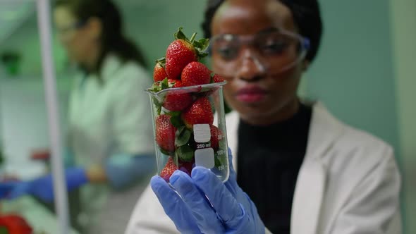 African Researcher Looking at Glass with Healthy Strawberry