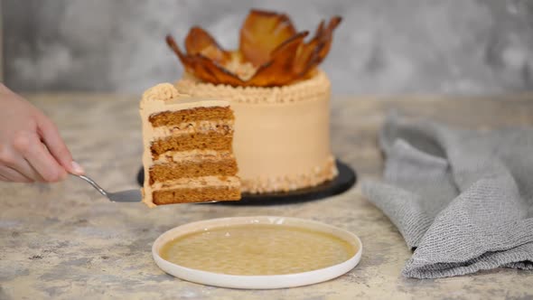 A piece of delicious caramel cake with peanuts.