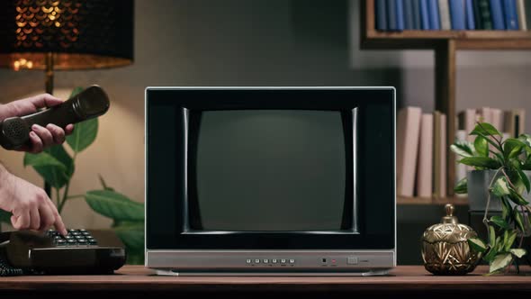 Old Television with Grey Blank Screen on Home Background