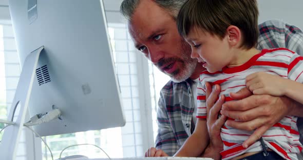 Father and son using desktop pc