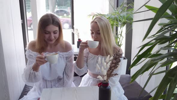 Two Ladies Drinking Coffee in a Cafe