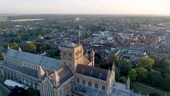 Sunrise Aerial View of the City of St Albans and its Cathedral in England